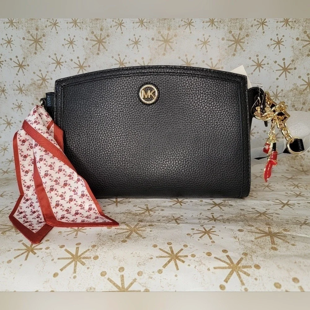 Michael Kors Crossbody Black Leather Bag Scarf and Charm‎
